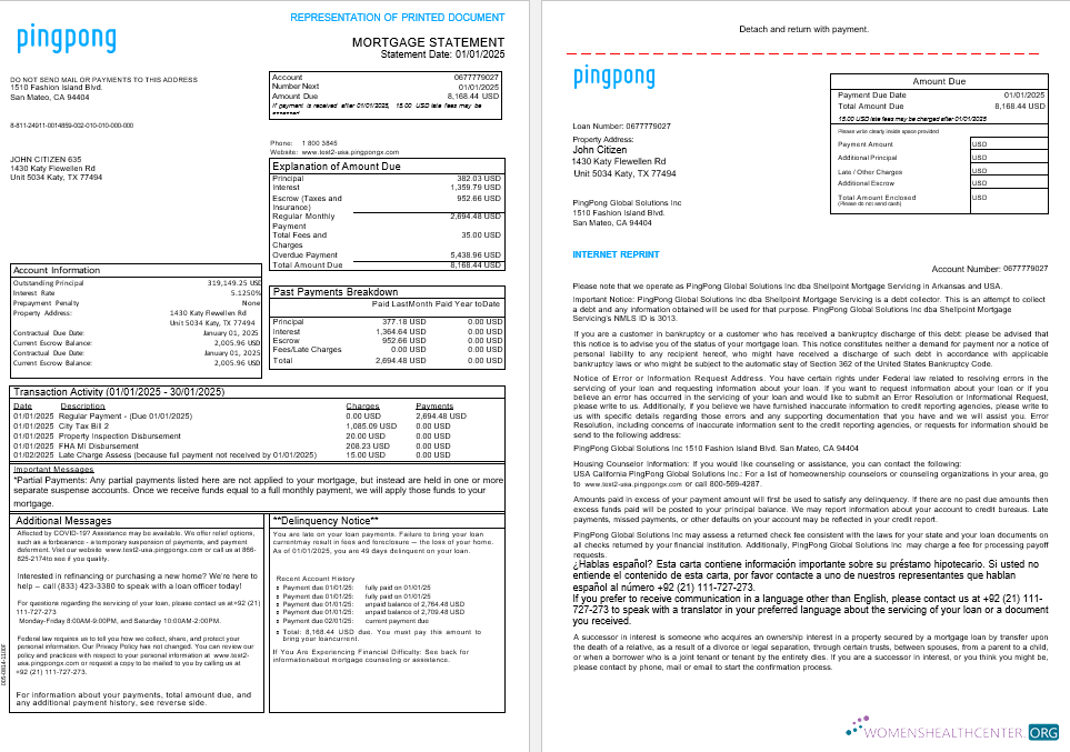 USA California PingPong Global Solutions Inc mortgage statement in Word and PDF formats, 3 pages 1 2